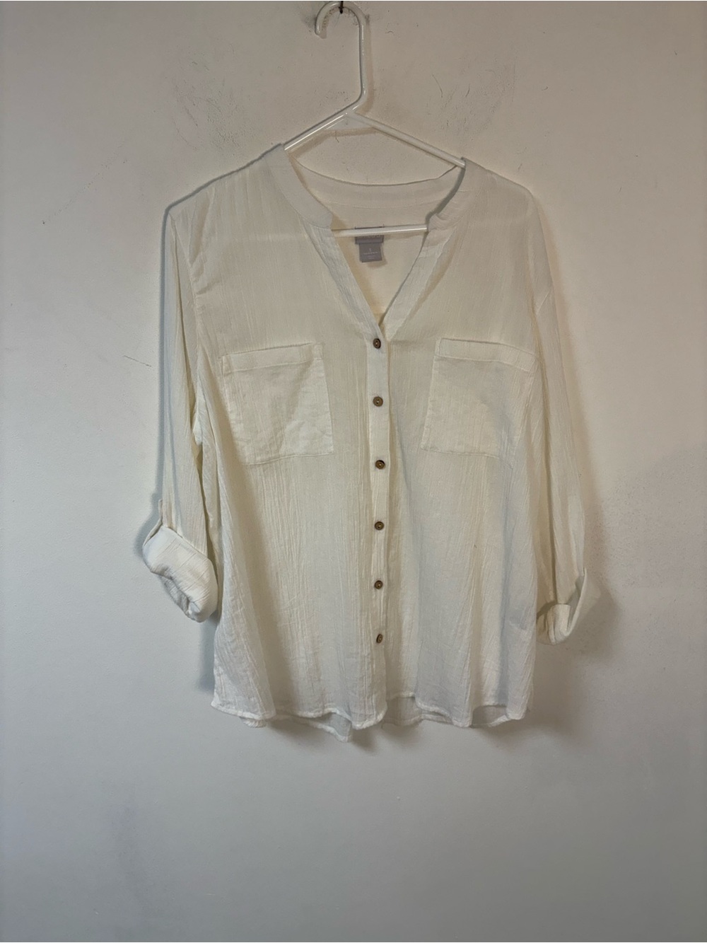 Chicos Women's Button-Front V-Neck Crinkle Gauze White Shirt Size 3